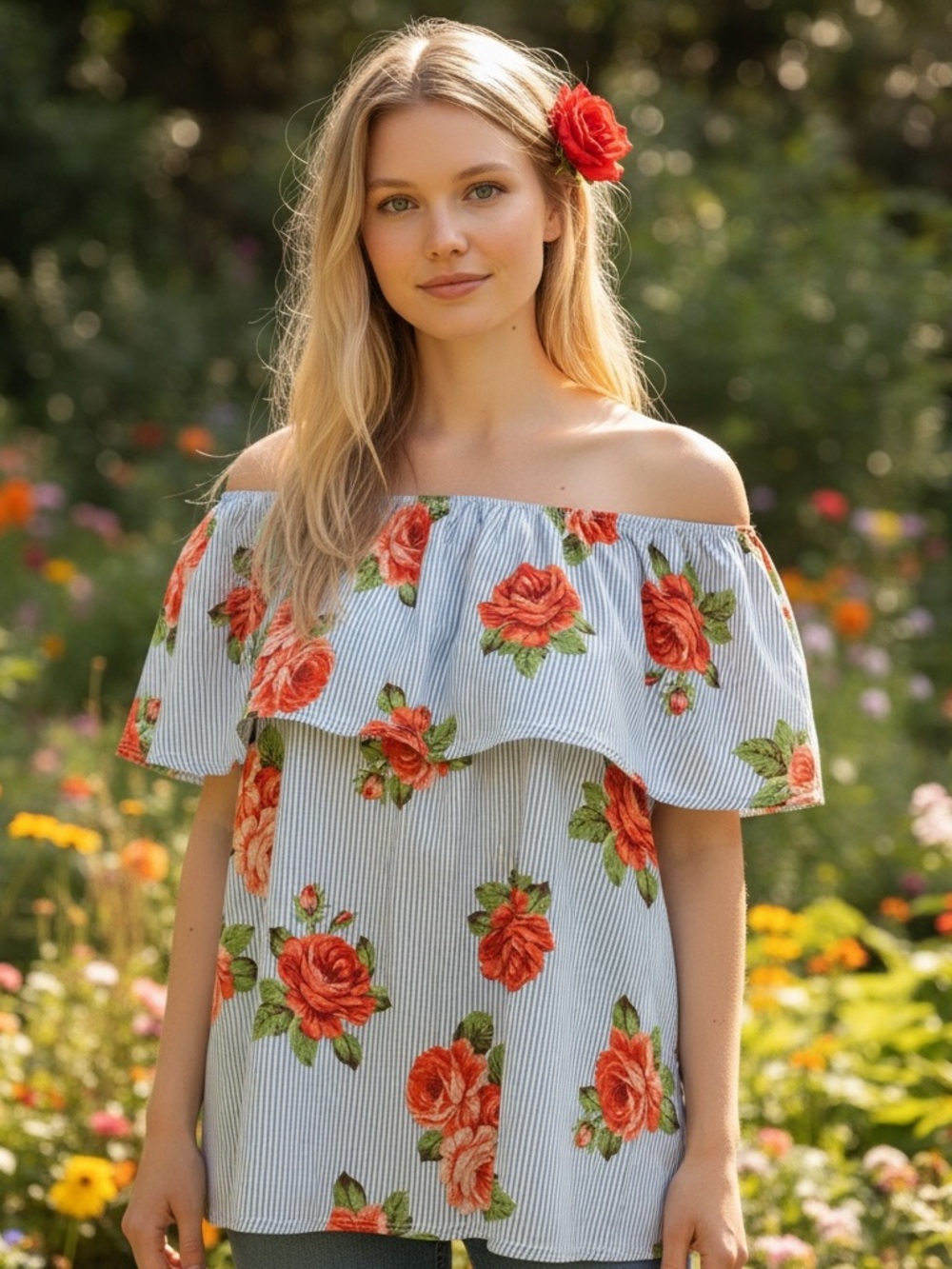 Elizabeth Blue & White Striped Off-Shoulder Top with Red Rose Print